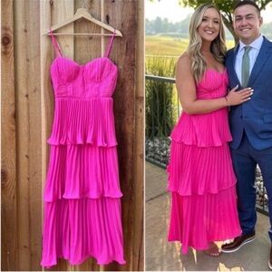 Hot Pink Bustier Pleated Tiered Chiffon Midi Dress 🌿